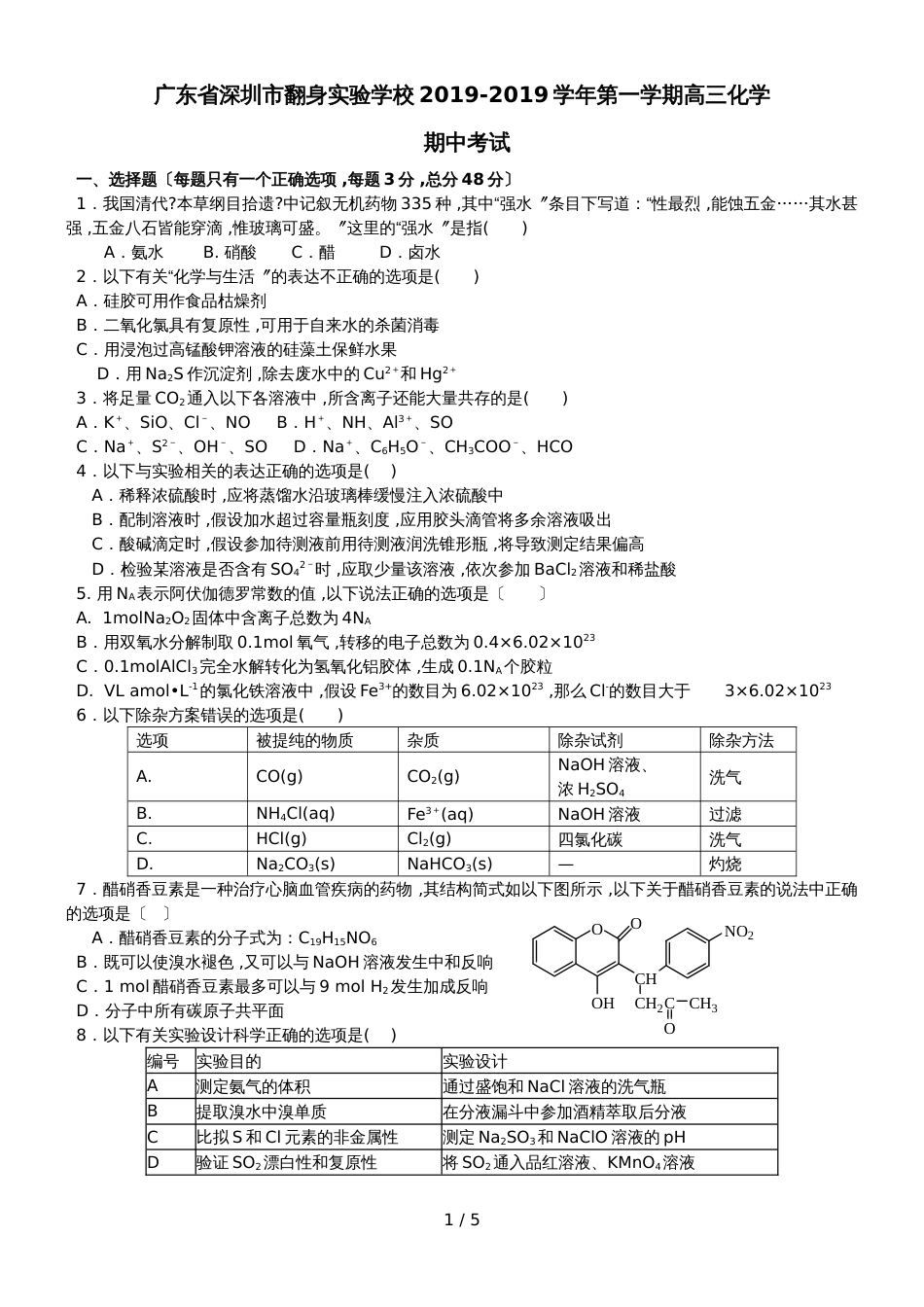 广东省深圳市翻身实验学校第一学期高三化学期中考试（无答案）_第1页