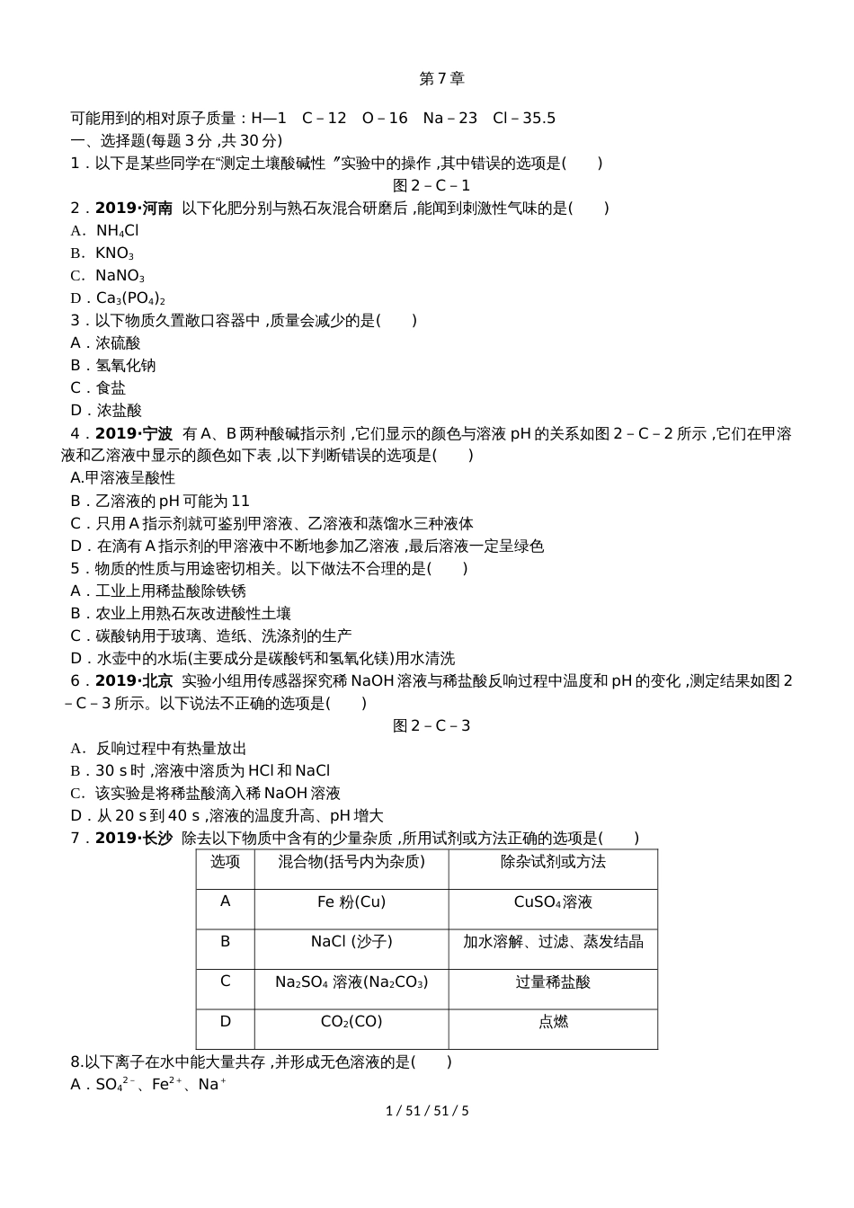 沪教版九年级化学全册第七章 应用广泛的酸碱盐单元测试题_第1页
