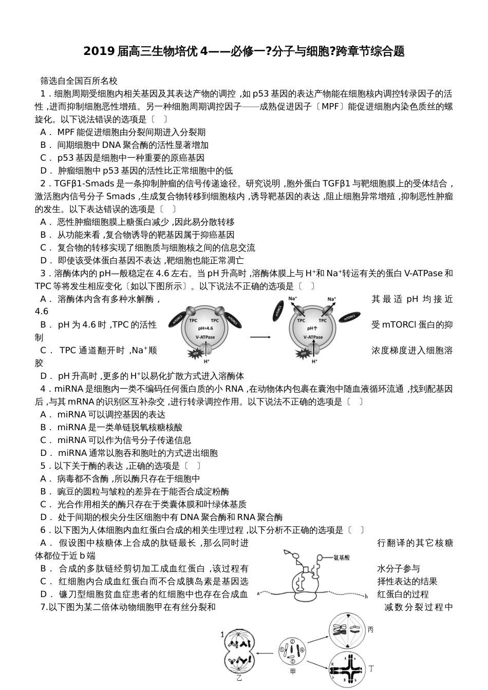 广东省汕头市潮阳实验学校2019届生物培优训练试题《分子与细胞》跨章节综合题_第1页