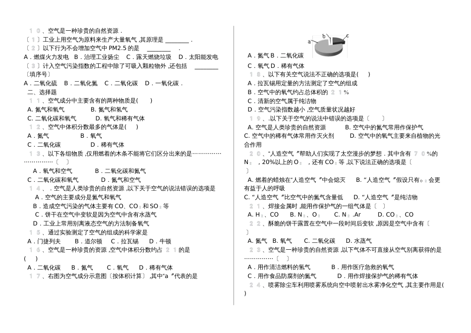 湖北省丹江口市凉水河镇中学九年级化学：空气专题训练试题（含答案）_第2页