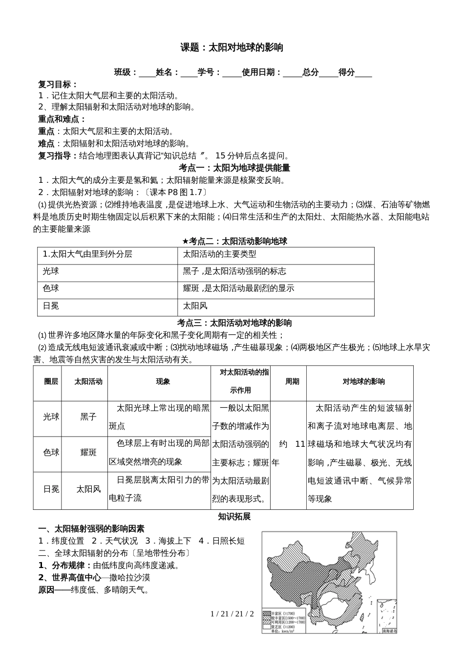 合肥市第一中学人教版高中地理必修一1.2  太阳对地球的影响  学案_第1页