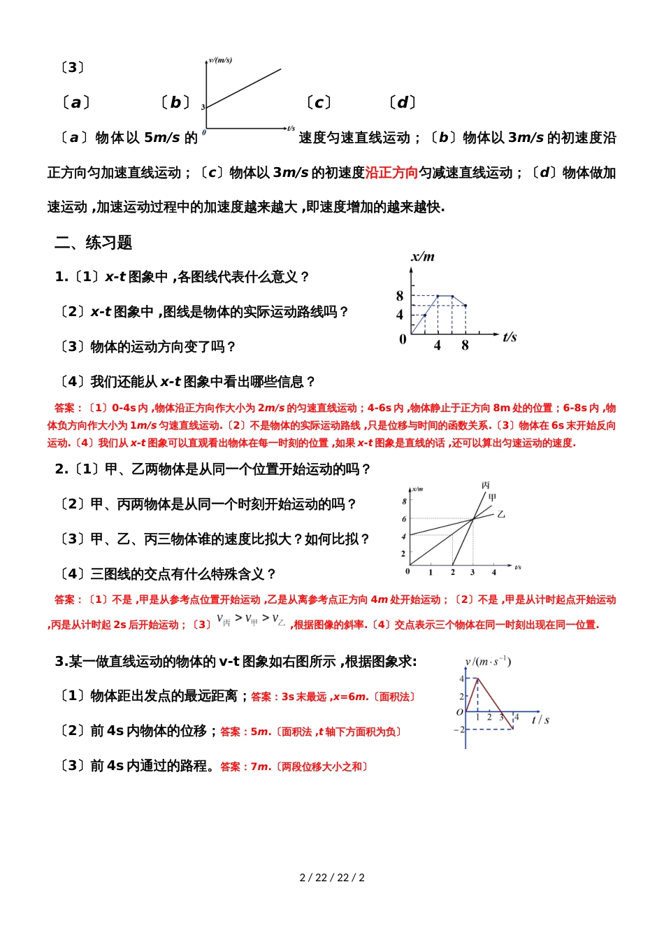 高一物理人教版必修一专题1：xt图像和vt图像（知识点 练习）_第2页