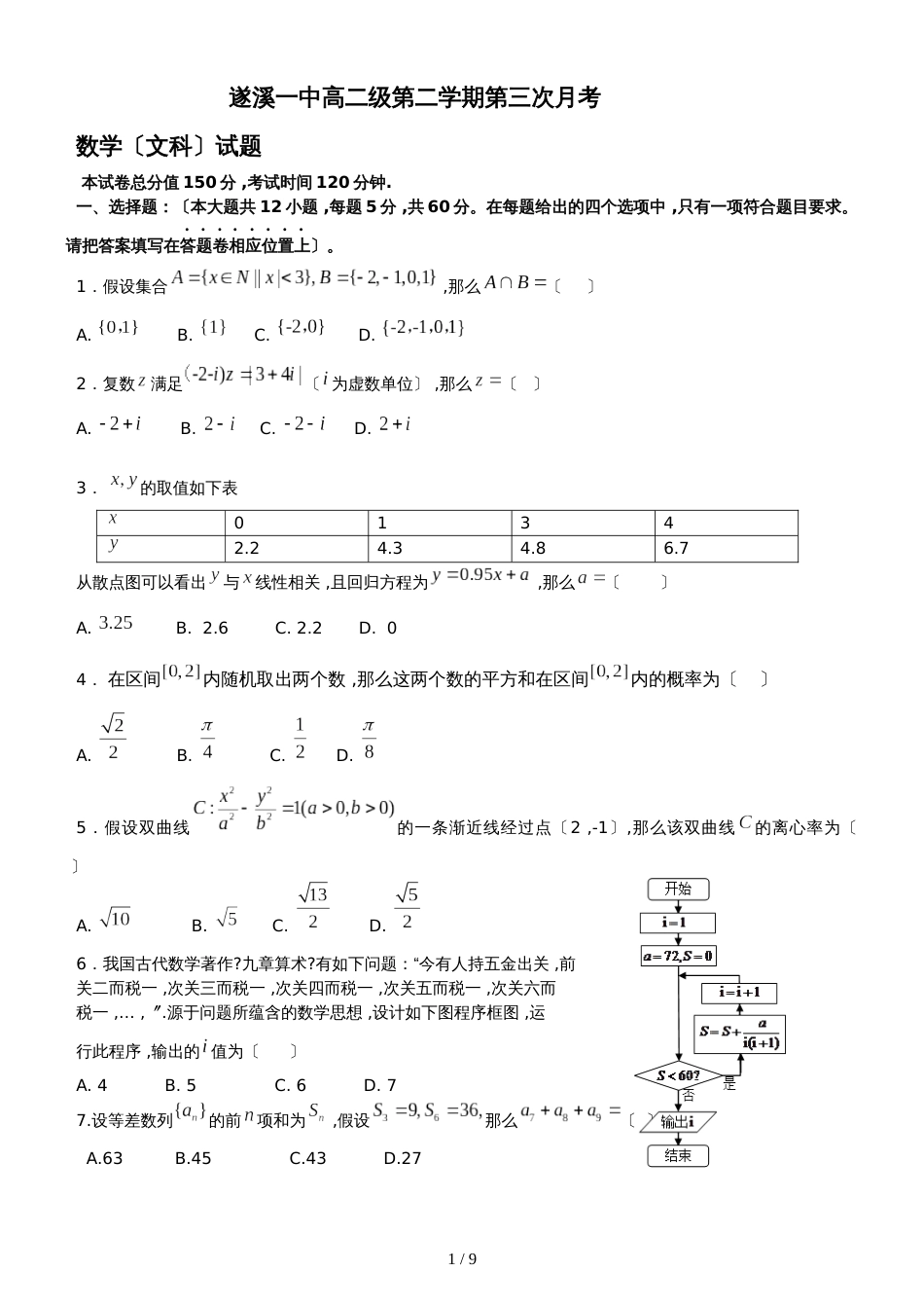 广东省湛江市遂溪县第一中学2018高二第二学期第三次月考文科数学试题（含答案）_第1页