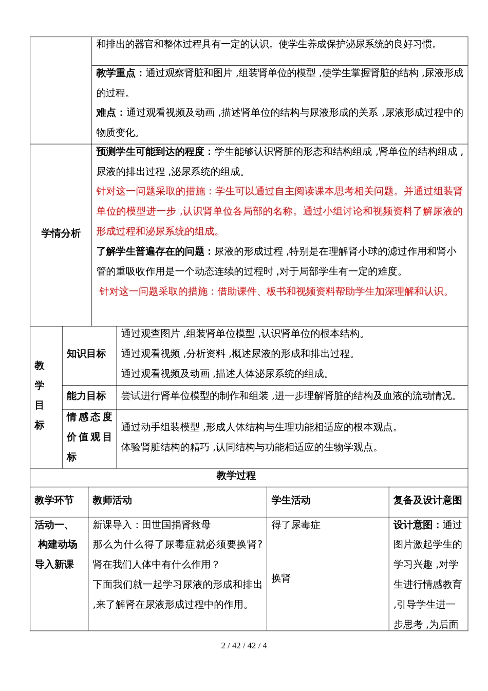 济南版七年级下册生物３.４.１尿液的形成和排出教案_第2页