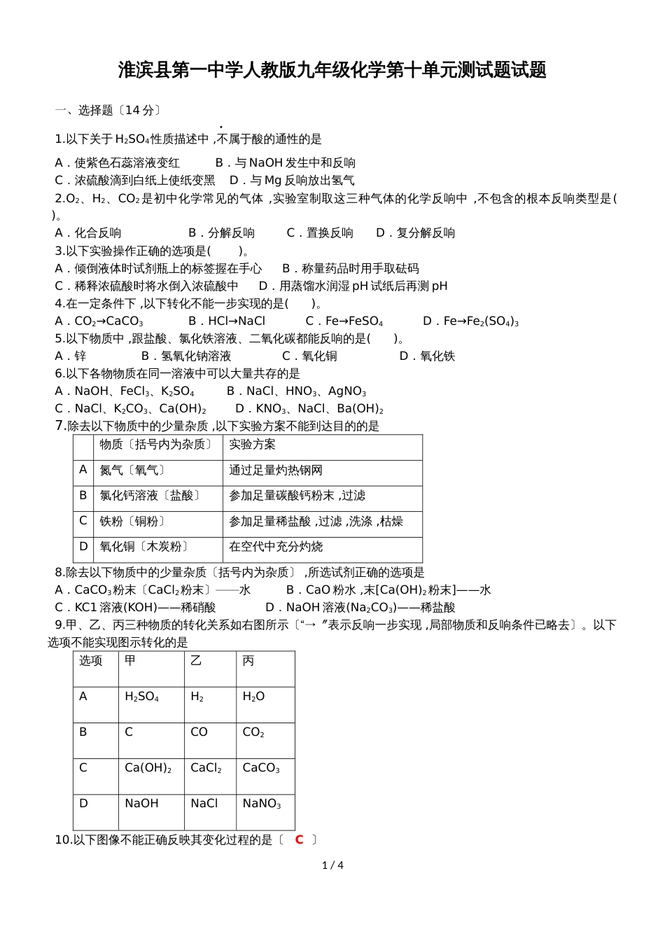 河南省淮滨县第一中学人教版九年级化学第十单元测试题（无答案）_第1页