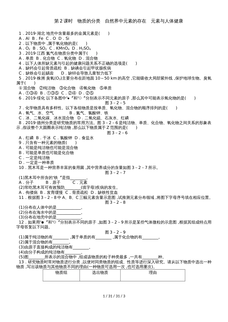 沪教版九年级化学全册同步练习：3.2.2物质的分类　自然界中元素的存在　元素与人体健康_第1页