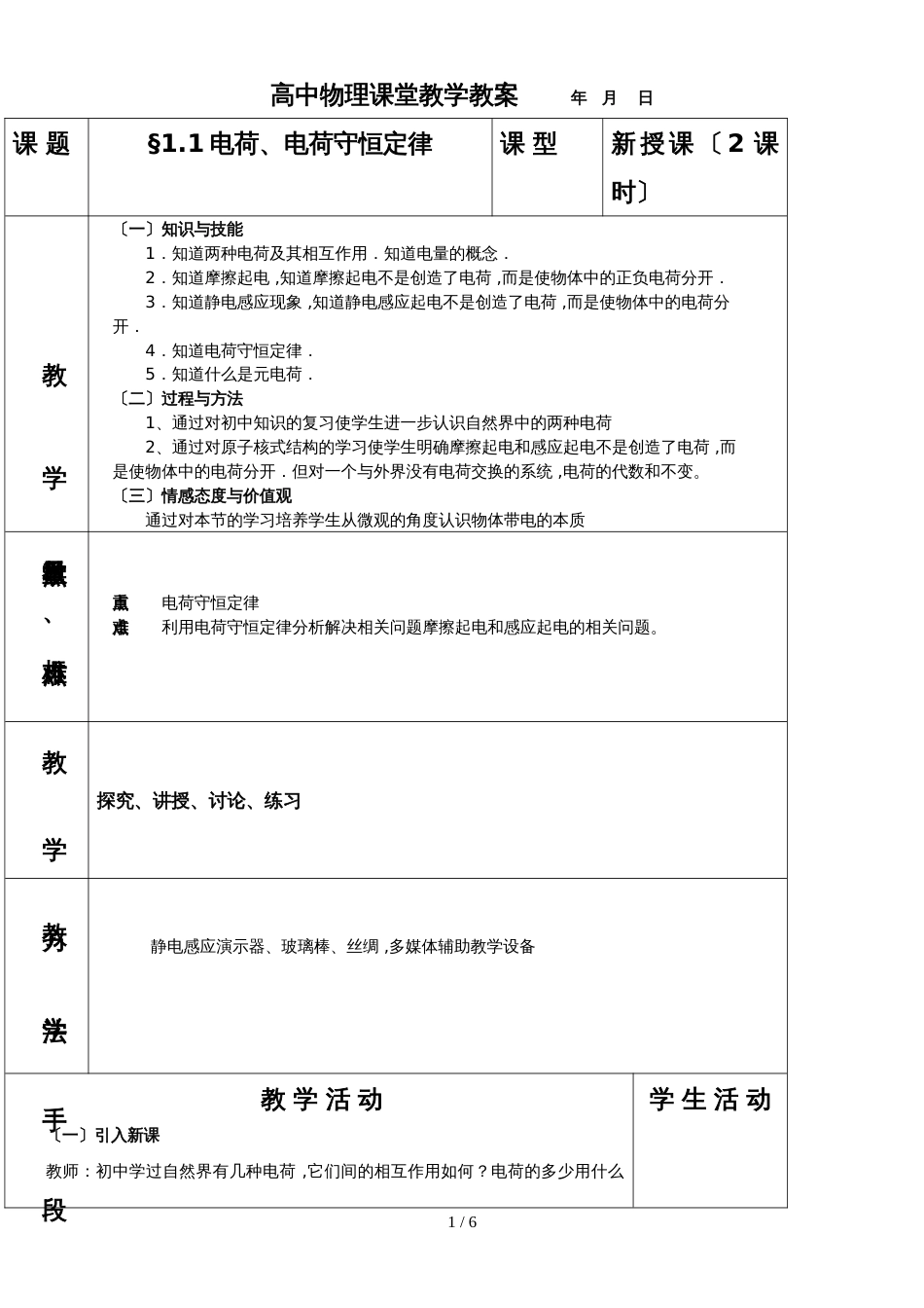 广东省惠州市惠东县惠东中学1.1电荷、电荷守恒定律导学案_第1页