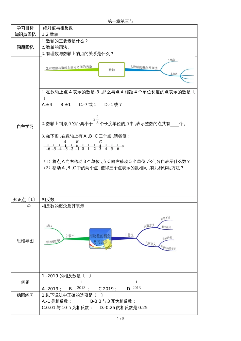 冀教版七年级上学期第1章第3节绝对数与相反数_第1页