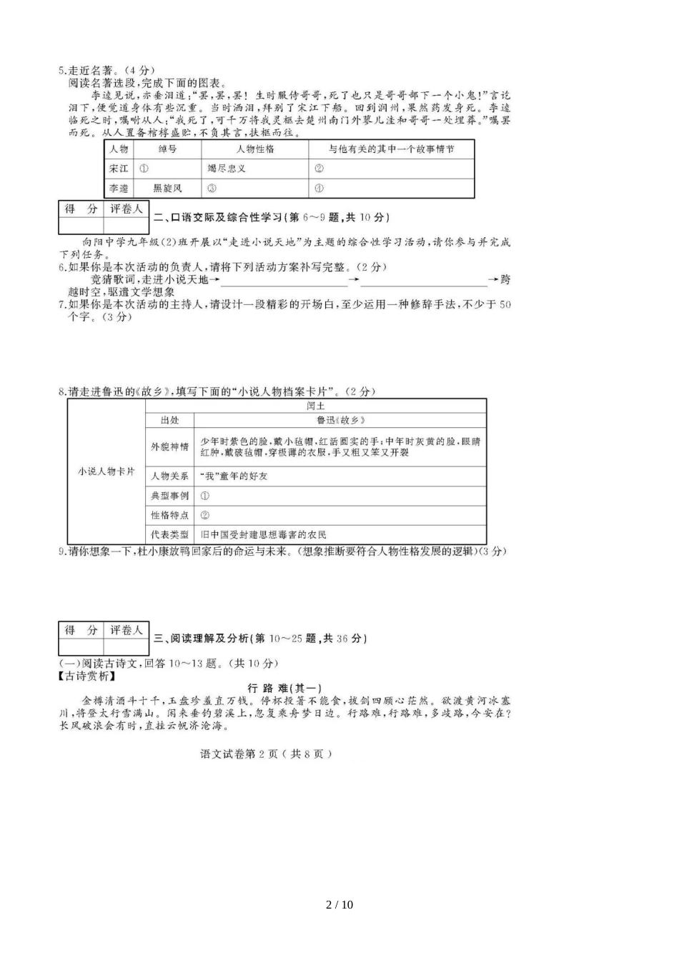 黑龙江省大庆龙凤区龙凤镇第一中学期中考试九年级语文模拟试题（图片版）（含答案）_第2页