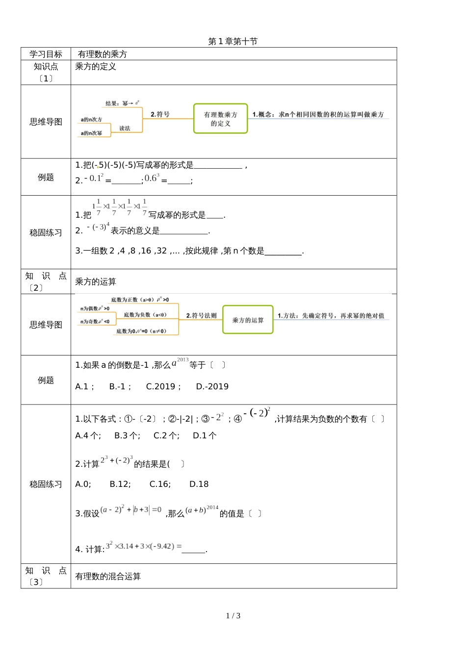 冀教版七年级上学期第1章第10节有理数乘方_第1页