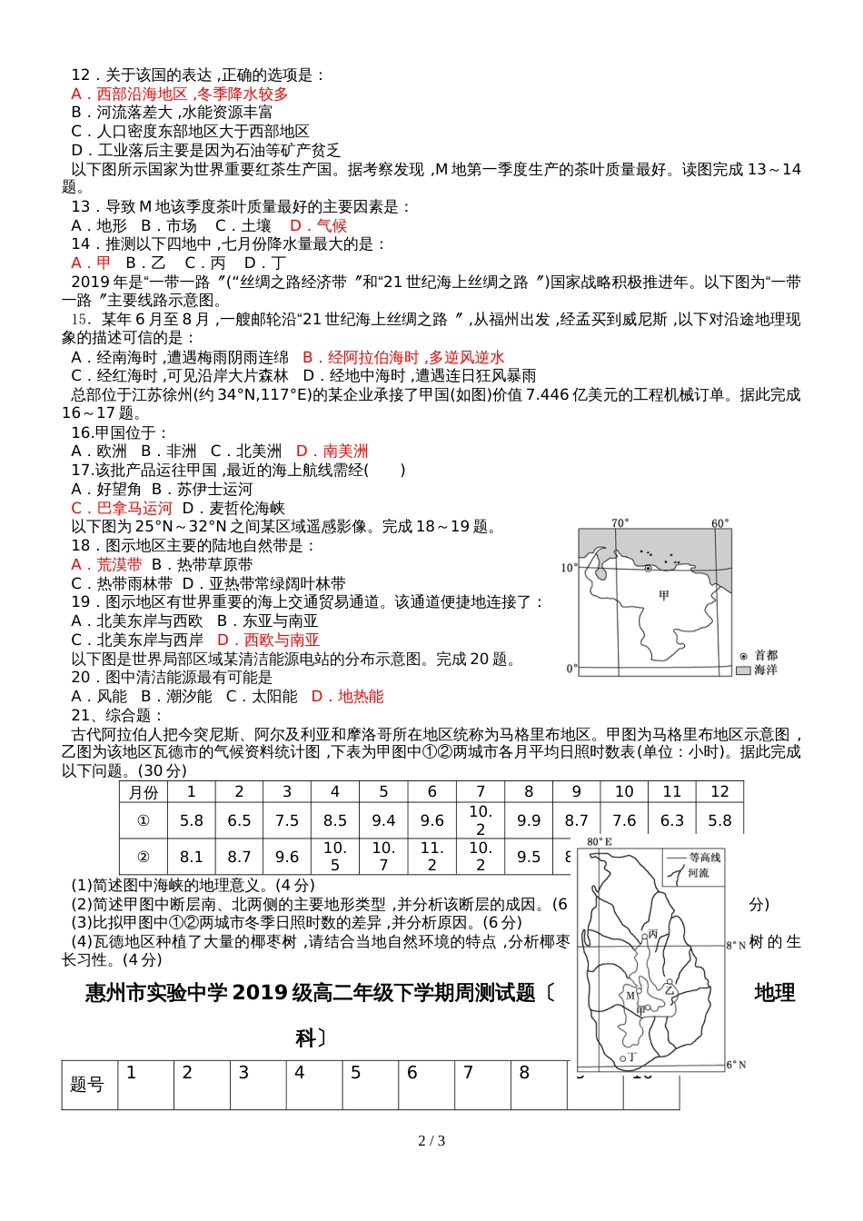 广东省惠州市实验中学级高二年级下学期周测试题（ 地理科）_第2页