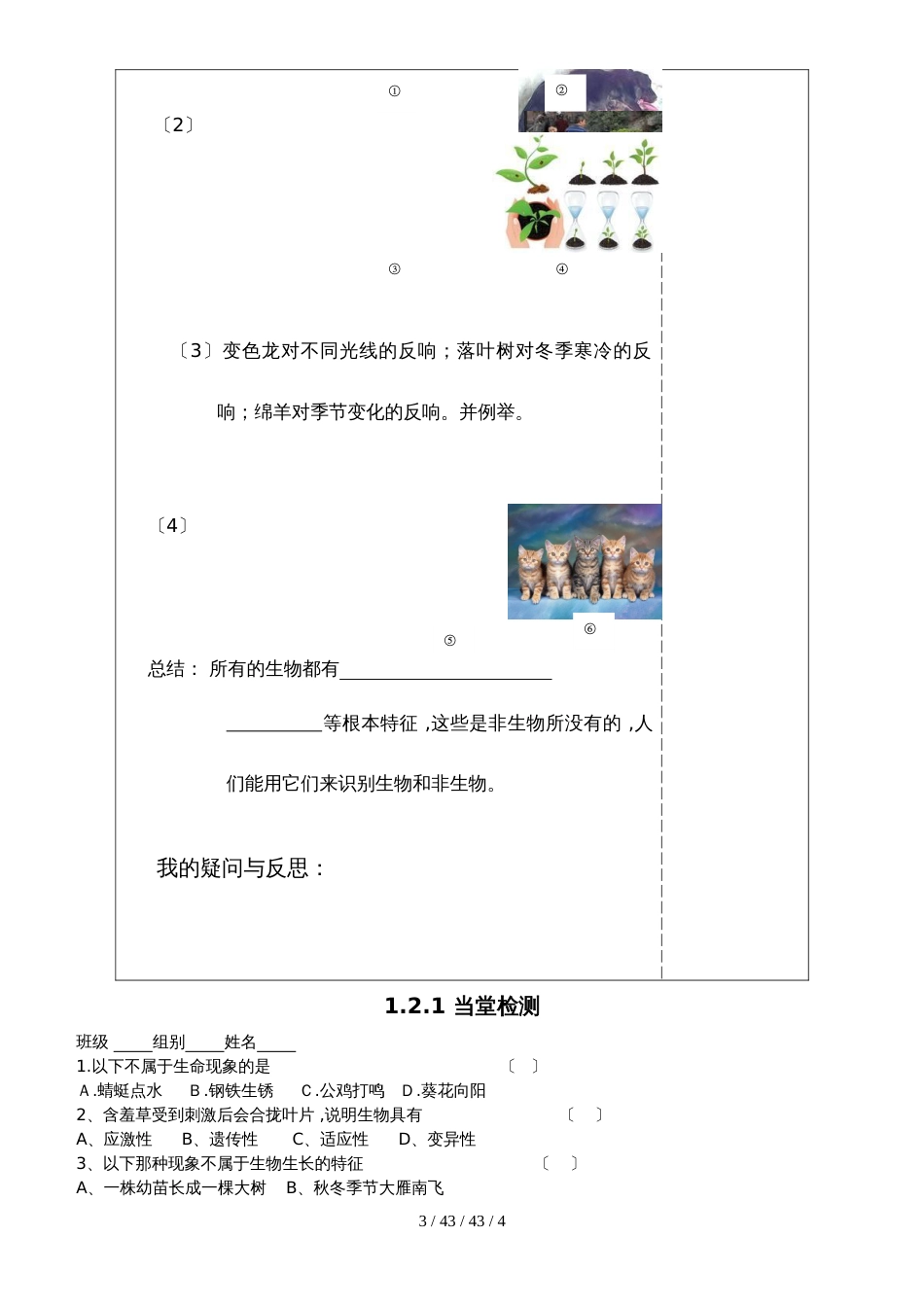 华师大版七年级科学上册导学案1.2.1生物的基本特征_第3页