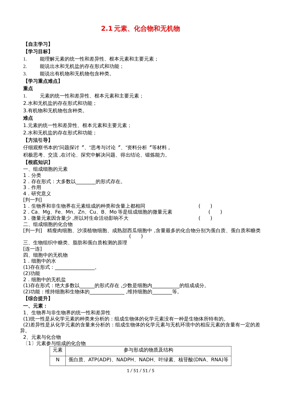 广东省惠州市2019年高考生物总复习2_1元素、化合物和无机物学案_第1页