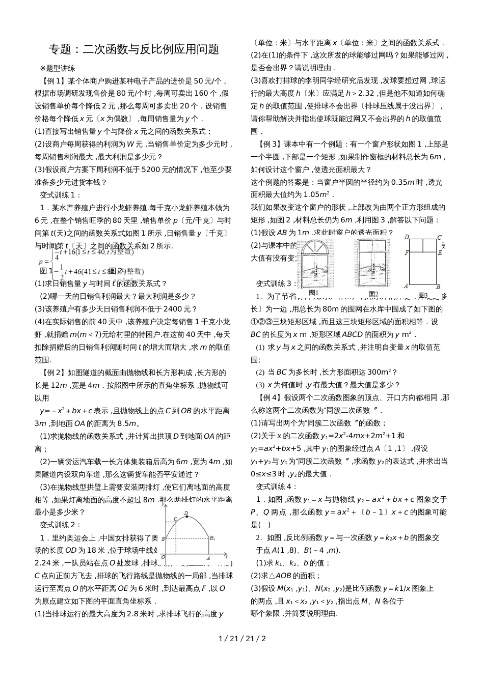 沪科版九年级数学专题讲练：二次函数与反比例应用问题（无答案）_第1页