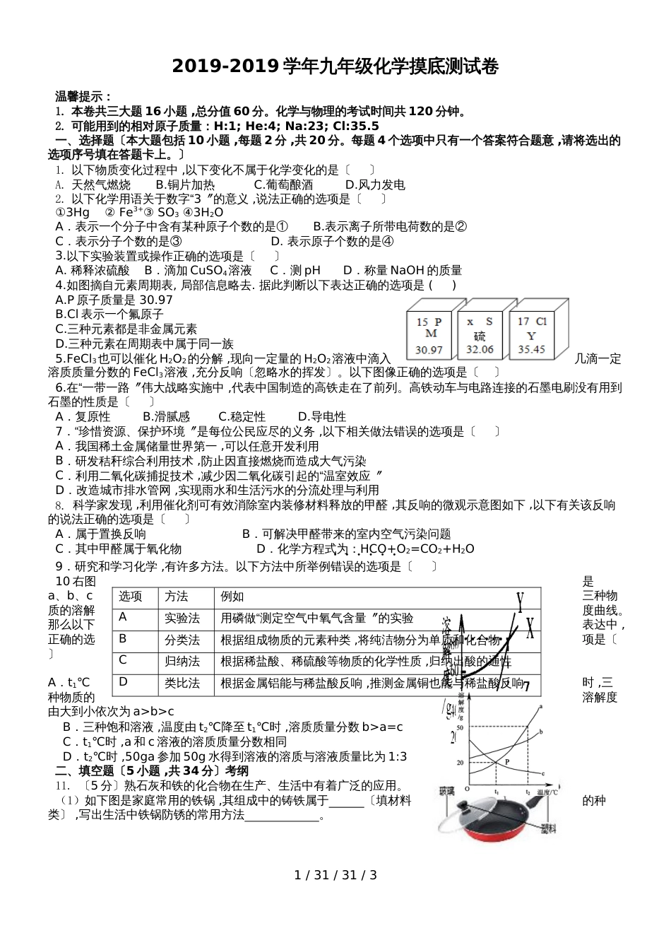 化学摸底测试卷_第1页