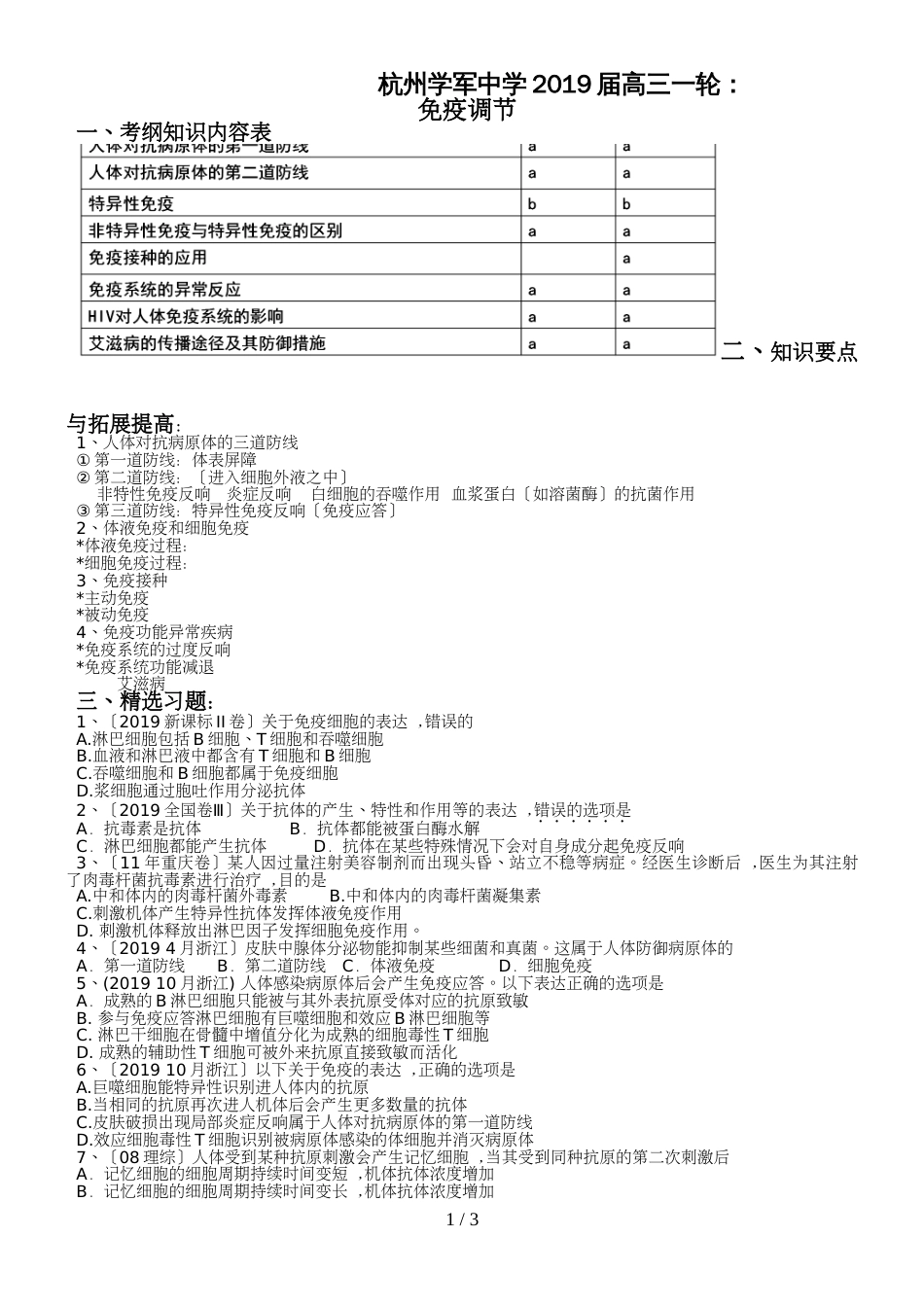 杭州学军中学高三一轮： 免疫调节 （word不含答案）_第1页