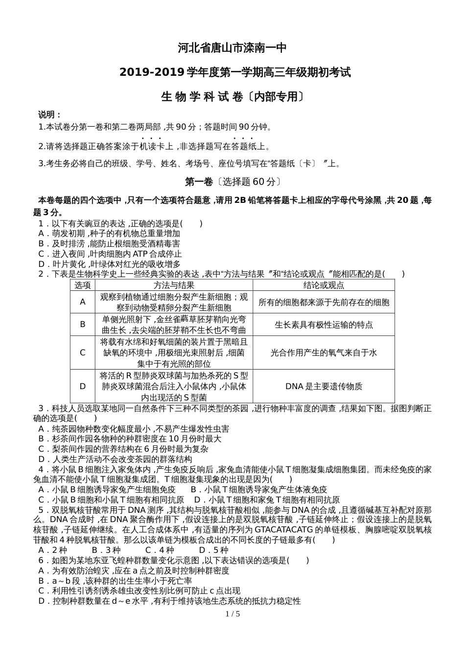 河北省唐山市滦南一中度第一学期高三年级期初考试生 物 学 科 试 卷（内部专用）_第1页