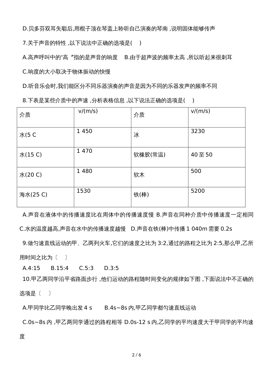 韩城市人教版八年级上册物理地第一月考试题（含答案）_第2页