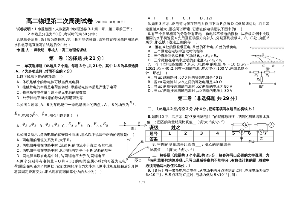 黑龙江省安达市七中级高二物理第二次周测试卷无答案_第1页