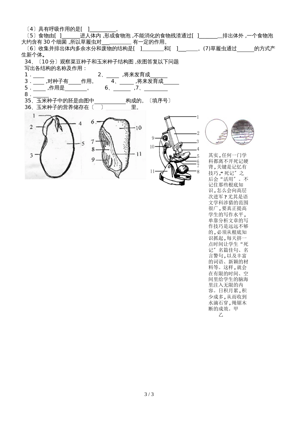 黑龙江省庆安县第四中学七年级上册生物第三次月考试题人教版_第3页