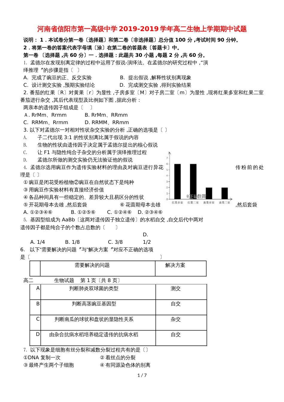 河南省信阳市第一高级中学高二生物上学期期中试题_第1页