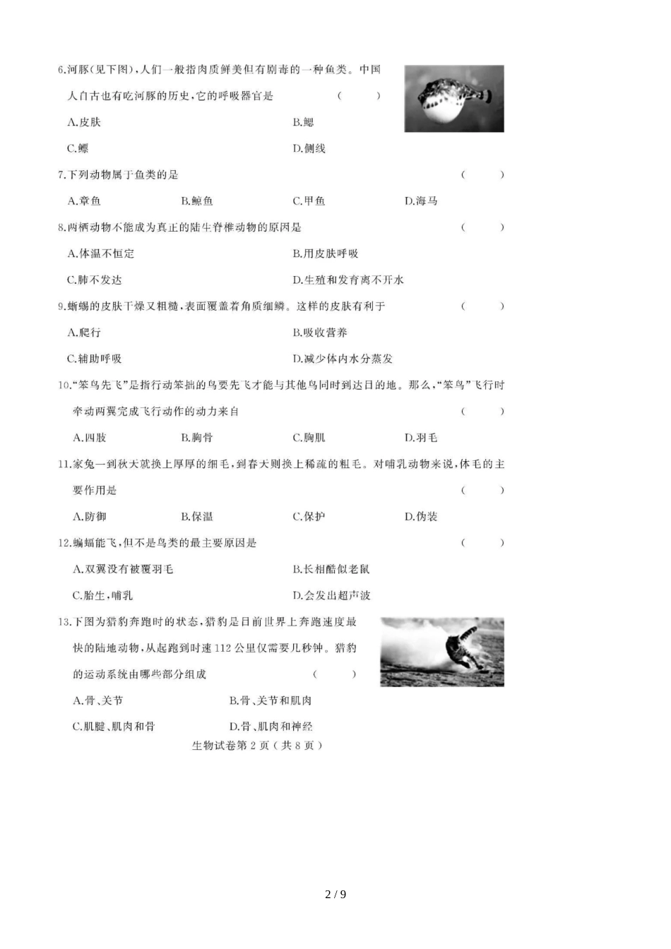 黑龙江双鸭山市第六中学期中考试八年级生物模拟试题（图片版）（含答案）_第2页
