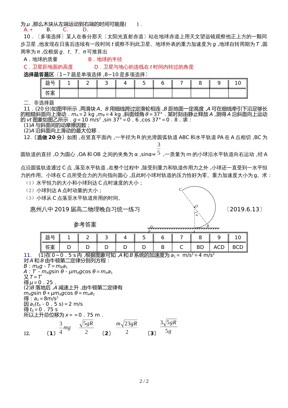 广东省惠州市第八中学物理晚自习统一练习（力学）（.6.13）_第2页