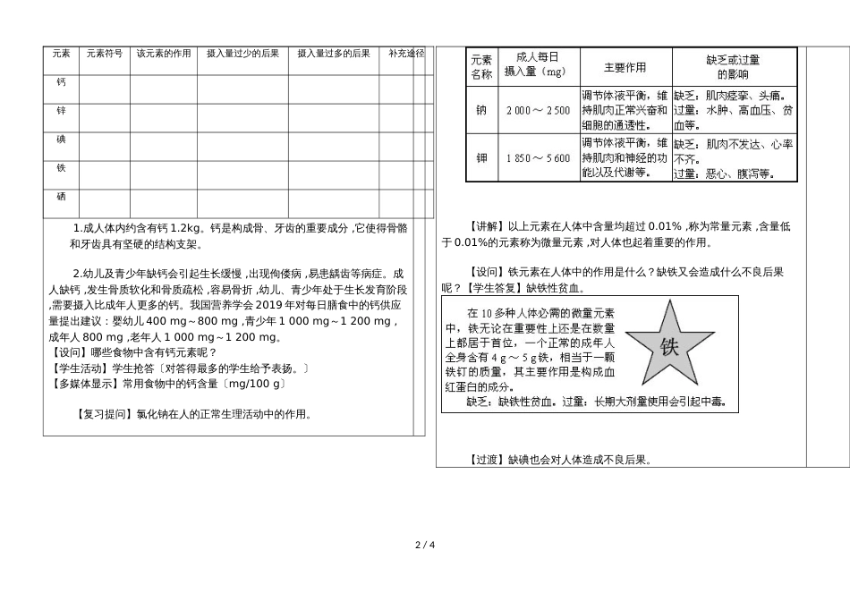 河北省肥乡县第二中学第二学期九年级化学通案课题2：化学元素与人体健康_第2页