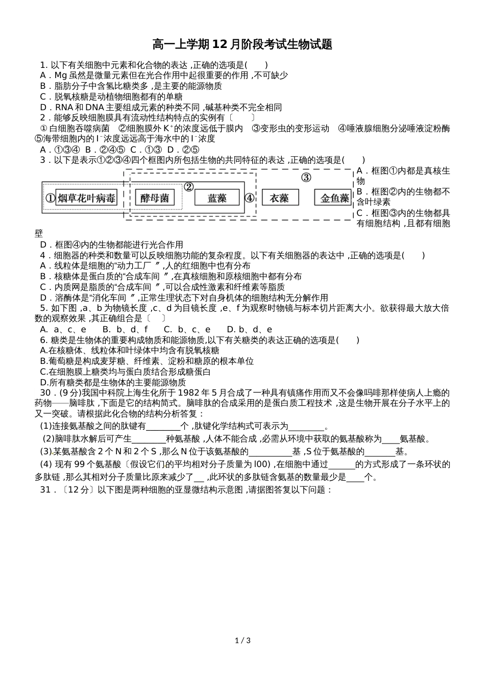 广东省惠州市惠东县惠东高级中学高一上学期12月阶段考试生物试题_第1页