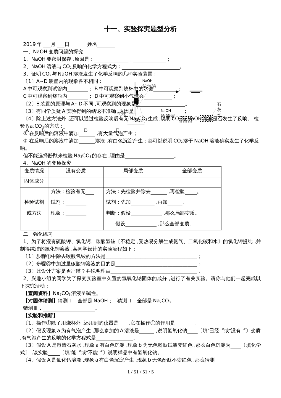 广东 虎门外语学校  2018年 九年级 第二学期 酸碱盐强化训练之   十一、实验探究题型分析_第1页