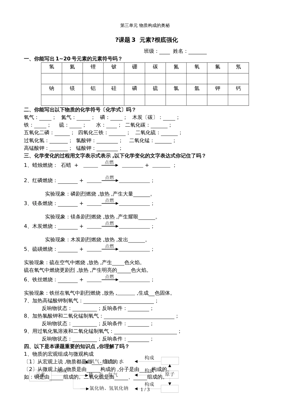 广东 虎门外语学校  九年级 第一学期  周末作业  第3单元 课题3 元素 基础强化_第1页