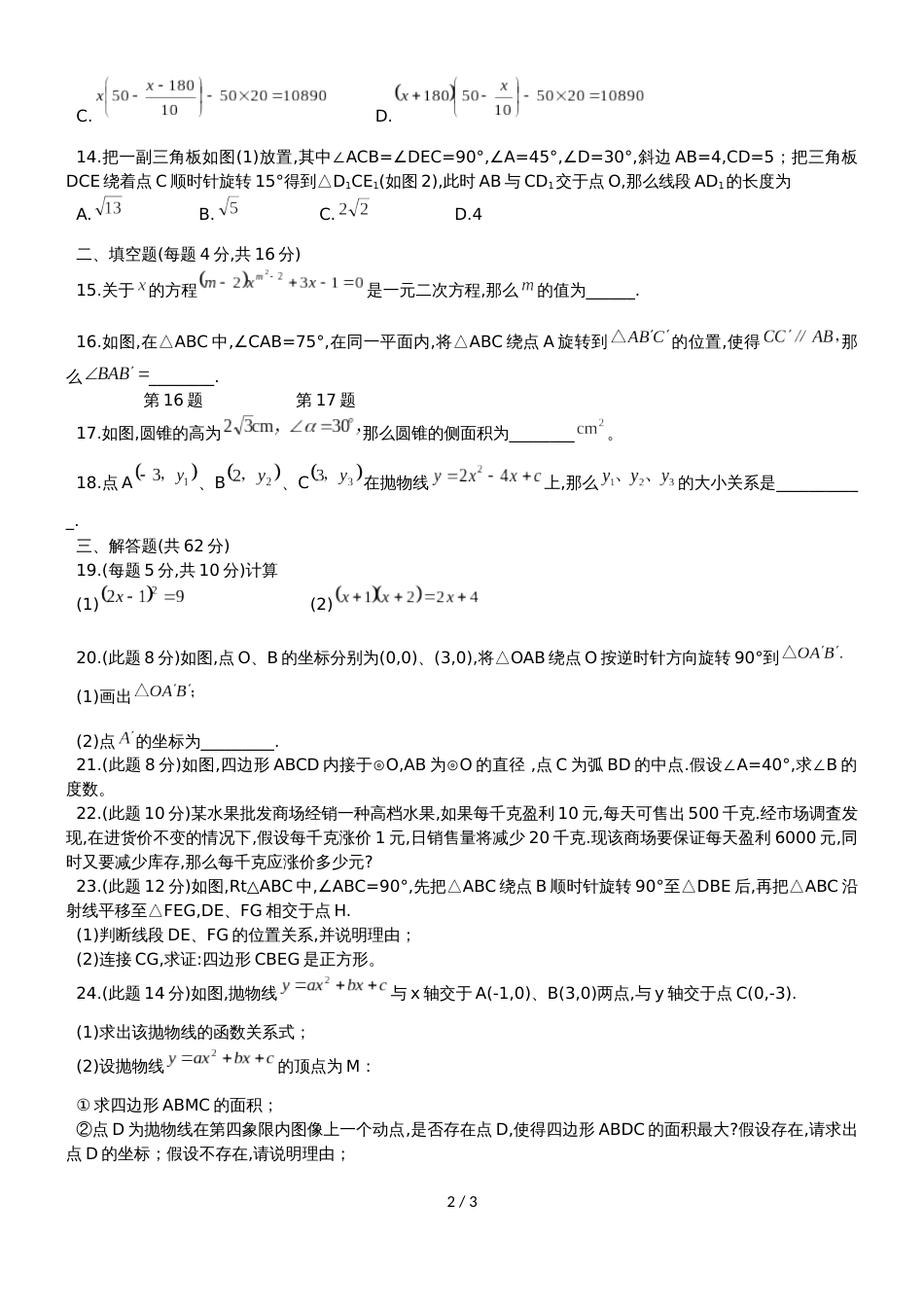 海南省农垦中学九年级上期中考试数学试题_第2页