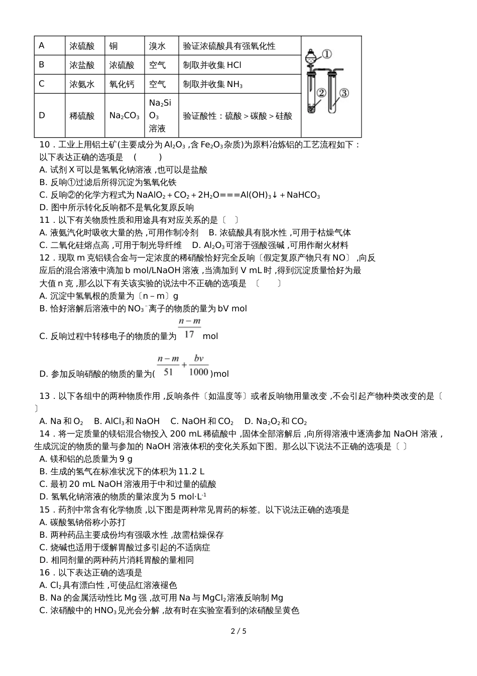 广东省惠州市惠东中学同步训练高一化学必修一第四章单元训练_第2页