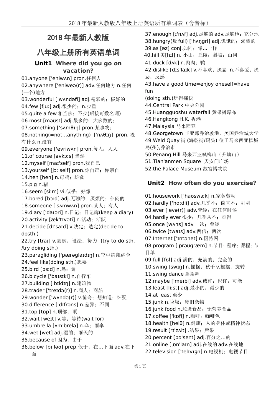 2018最新人教版八年级上册所有英语单词表及短语含音标全册[共6页]_第1页