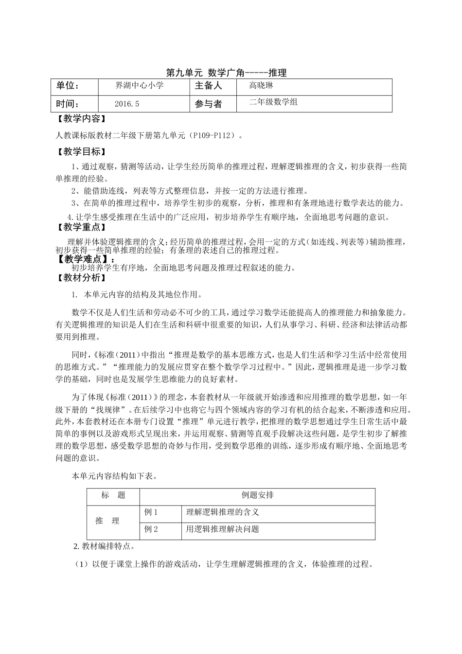 二年级下册数学 第九元 试卷分析_第1页