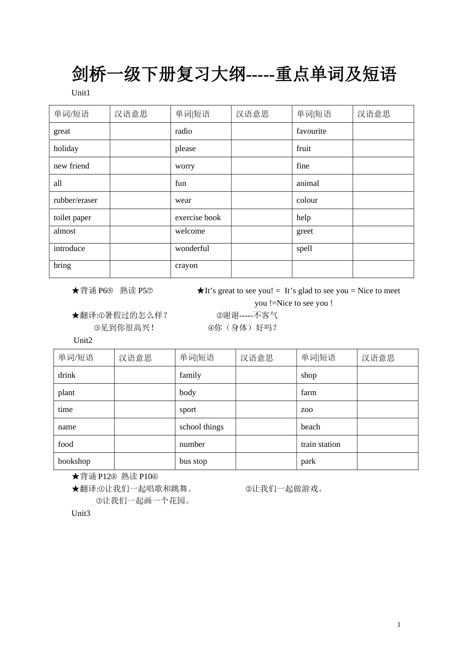 剑桥一级下册复习大纲_第1页