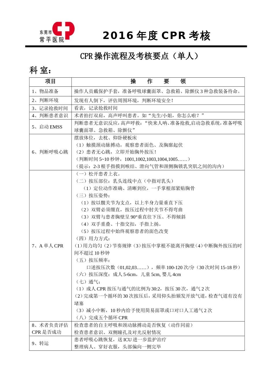 CPR操作流程及考核要点单人_第1页