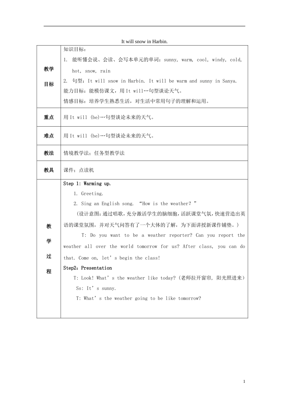 六年级英语下册Module2Unit2《ItwillsnowinHarbin》教案新版外研版一起新_第1页