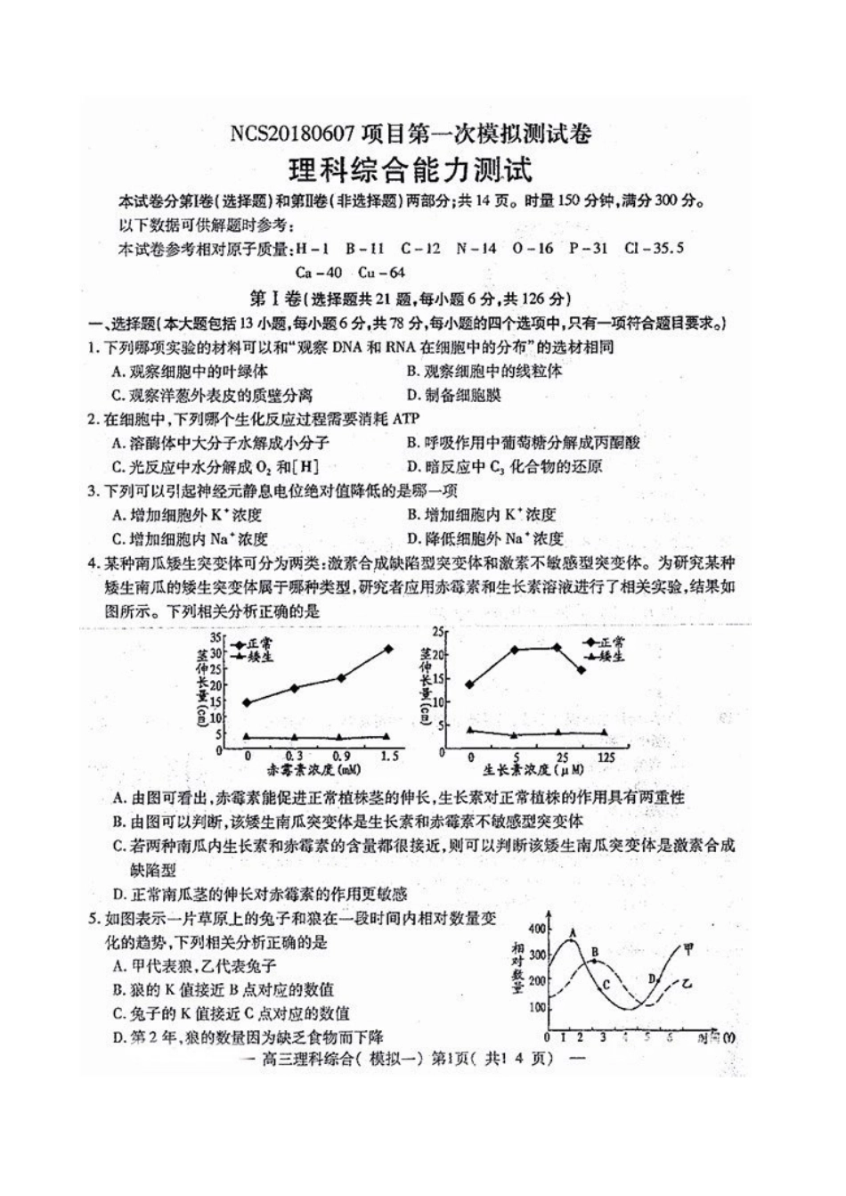 2018南昌一模理综试卷_第1页