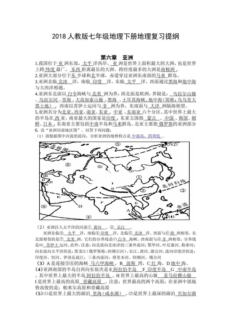 2018最新人教版七年级下册地理复习提纲[共18页]_第1页