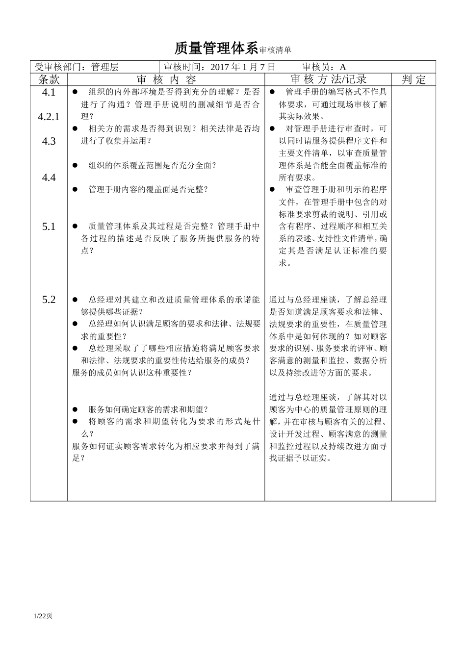 2015版质量管理体系审核清单[共22页]_第1页