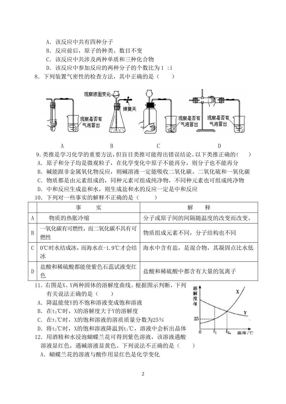 九年级中考化学模拟试题及答案_第2页