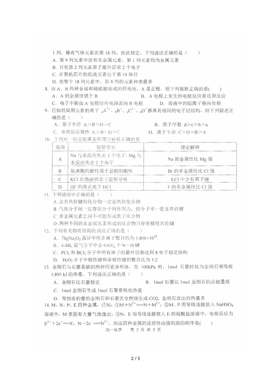 辽宁省大连市第十六中学高一下学期第一次调研问卷化学试题（图片版）_第2页