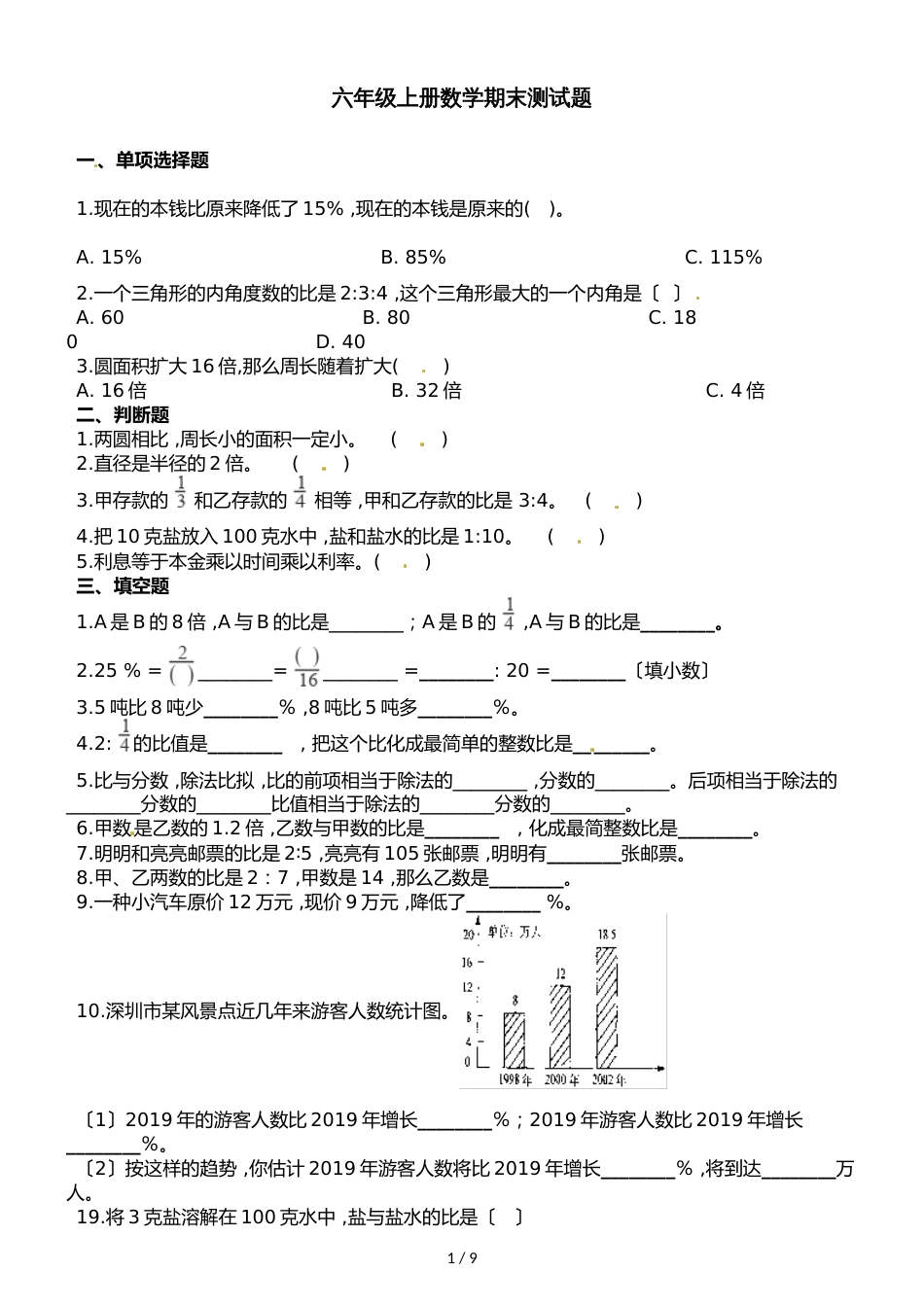 六年级上册数学期末测试质量检测∣20182018学年 福建省濂溪小学（人教新课标（）含解析）_第1页