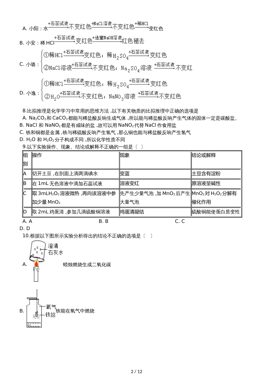 九年级化学：专题上：“化学实验方案设计与评价”竞赛辅导练习题（无答案）_第2页