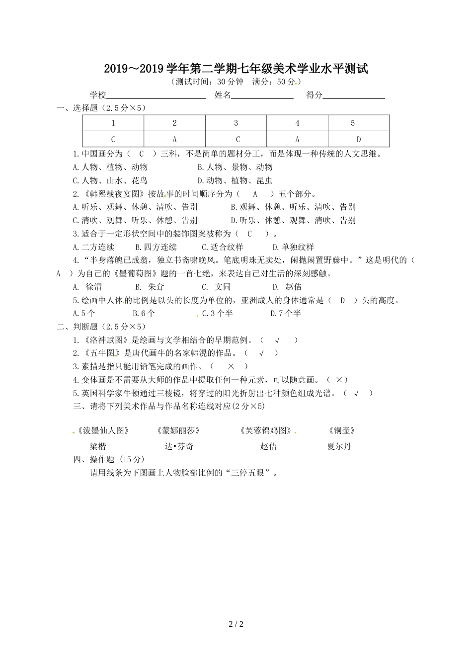 江苏省姜堰市七年级下学期期末考试美术试题_第2页