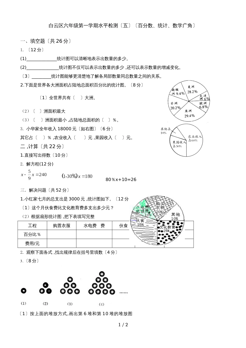 六年级上册数学单元试题第一学期水平检测广东省 广州市 越秀区 人教新课标_第1页