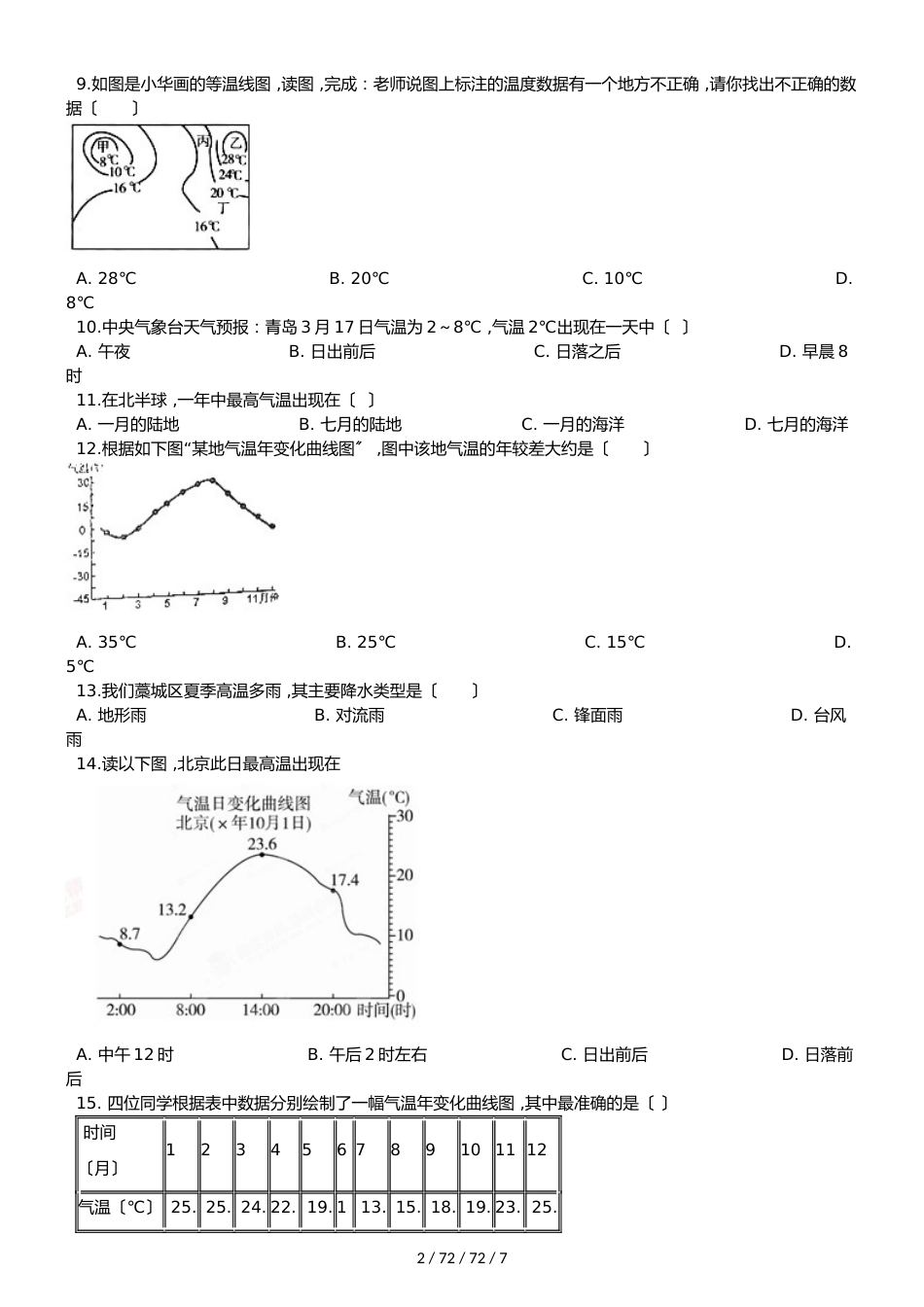 晋教版七年级上册地理 4.1 气温和气温分布 同步检测_第2页