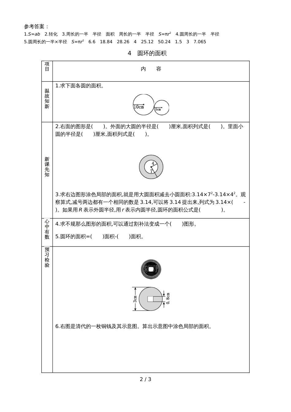 六年级上册数学素材资料圆与圆环的面积预习卡 青岛版_第2页