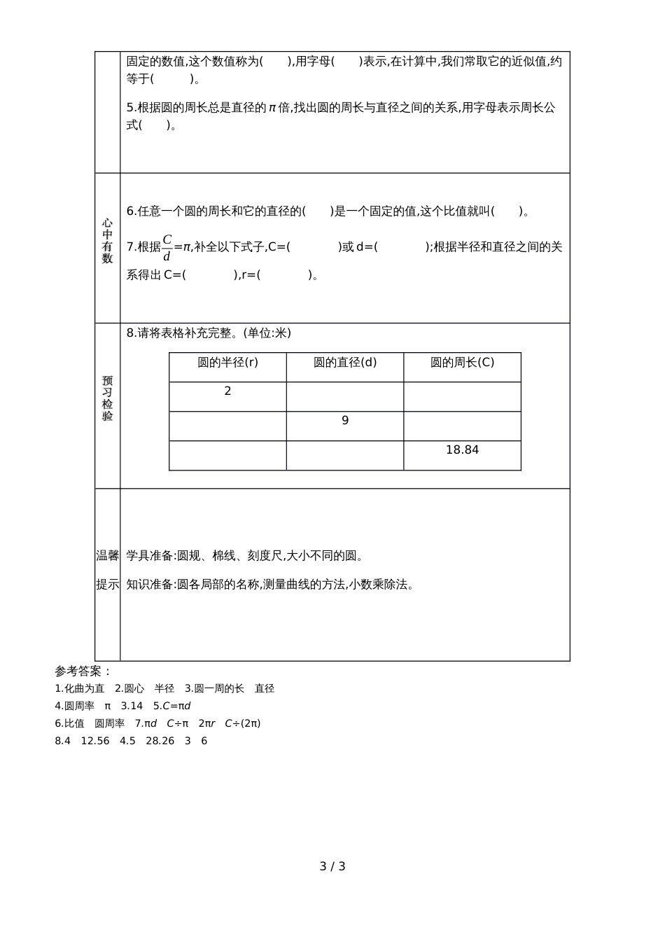 六年级上册数学素材资料圆的认识与周长预习卡 青岛版_第3页